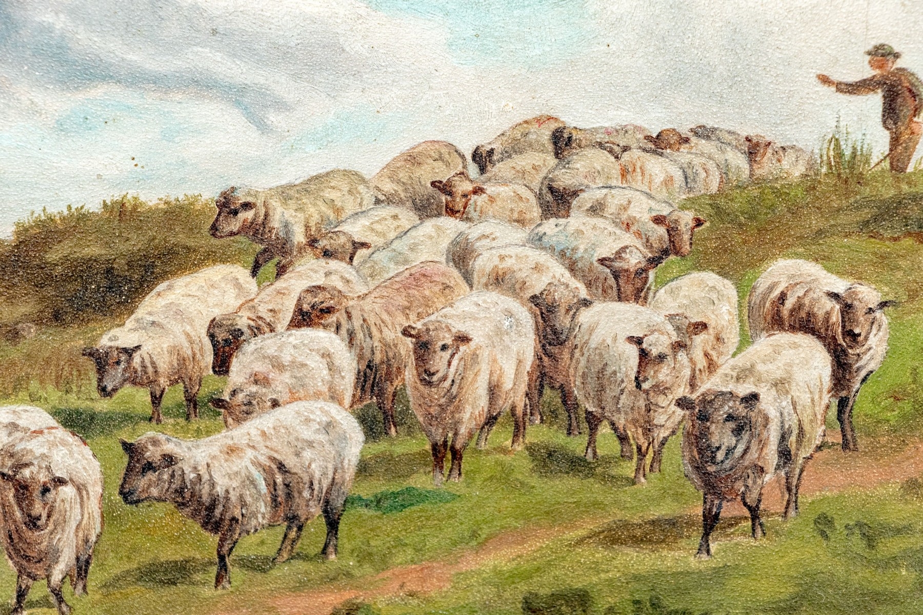 Artwork by Ethel Brinton, Shepherd With Flock In A Field, Made of oil on board