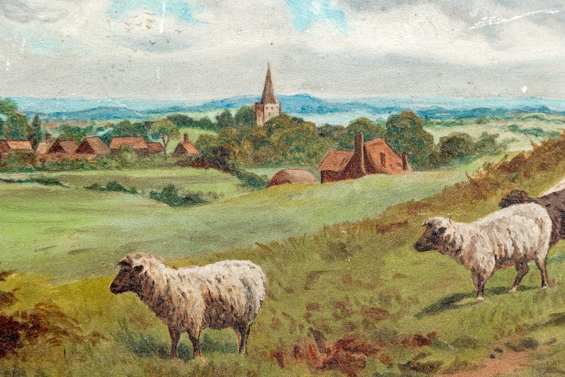 Artwork by Ethel Brinton, Shepherd With Flock In A Field, Made of oil on board