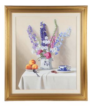 &quot;Summer Bouquet&quot;, still life painting with flowers and peaches - W. Charles Nowell