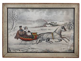 A painting of a man and woman riding in a sleigh pulled by two horses.