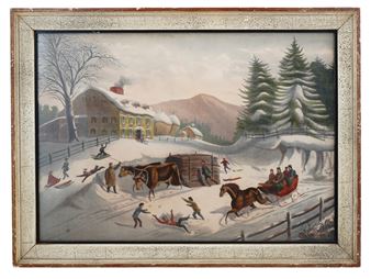 A painting of a winter scene with a horse drawn sleigh in the snow.