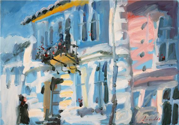 A vibrant impressionist street scene featuring snow-covered buildings and a solitary figure.