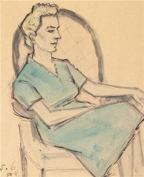 A drawing of a woman sitting in a chair.