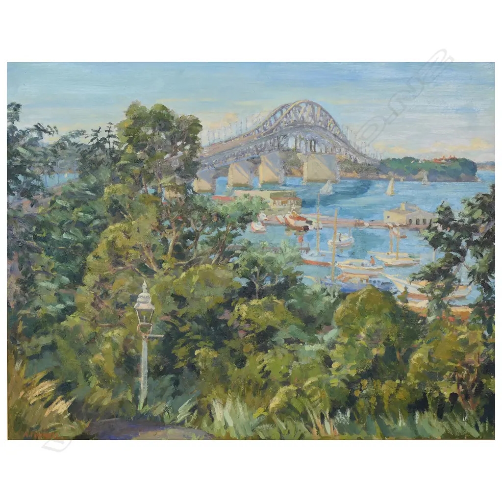 Artwork by Arthur Funnell, Auckland Harbour Bridge from Pt. Erin Park, Made of oil on board