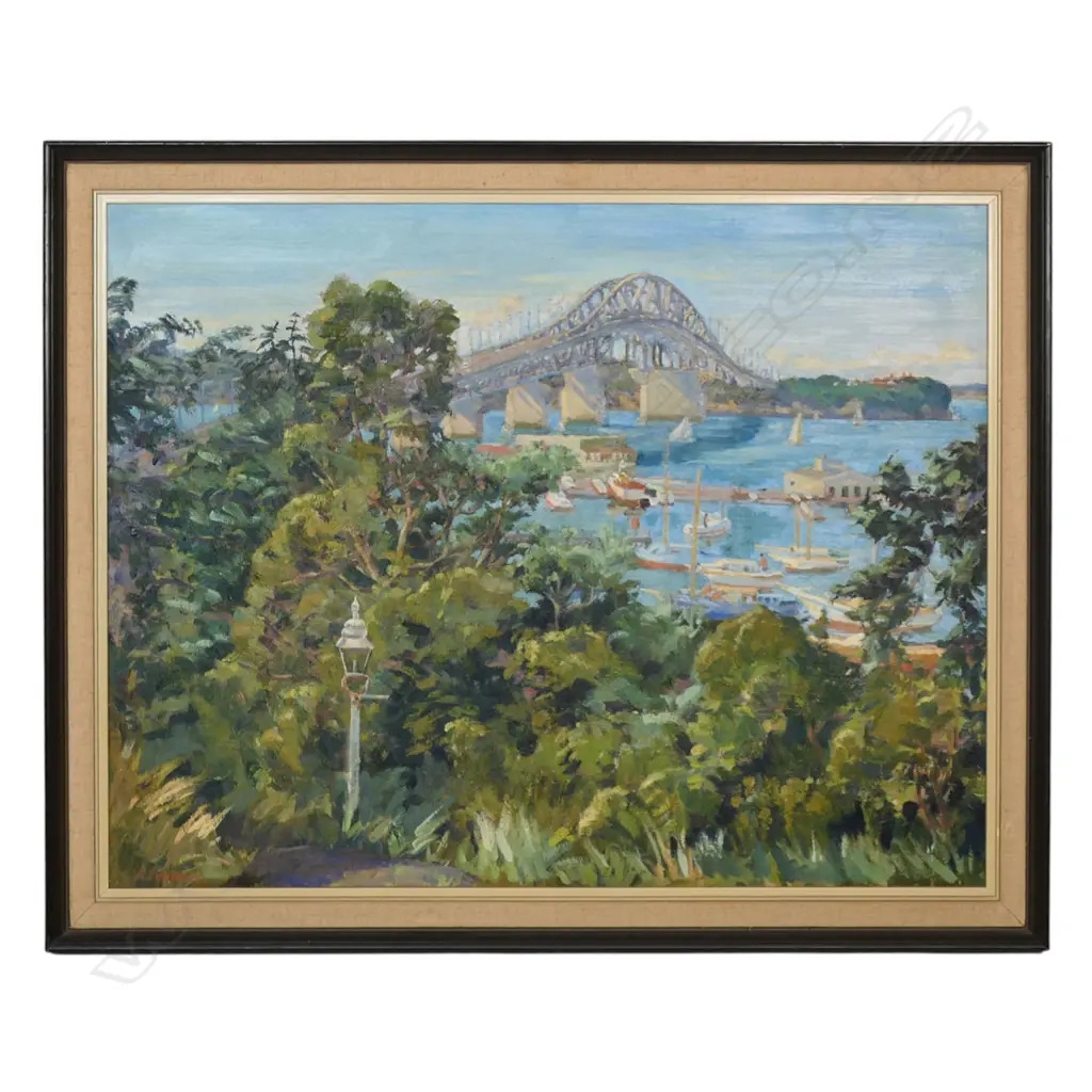 Artwork by Arthur Funnell, Auckland Harbour Bridge from Pt. Erin Park, Made of oil on board