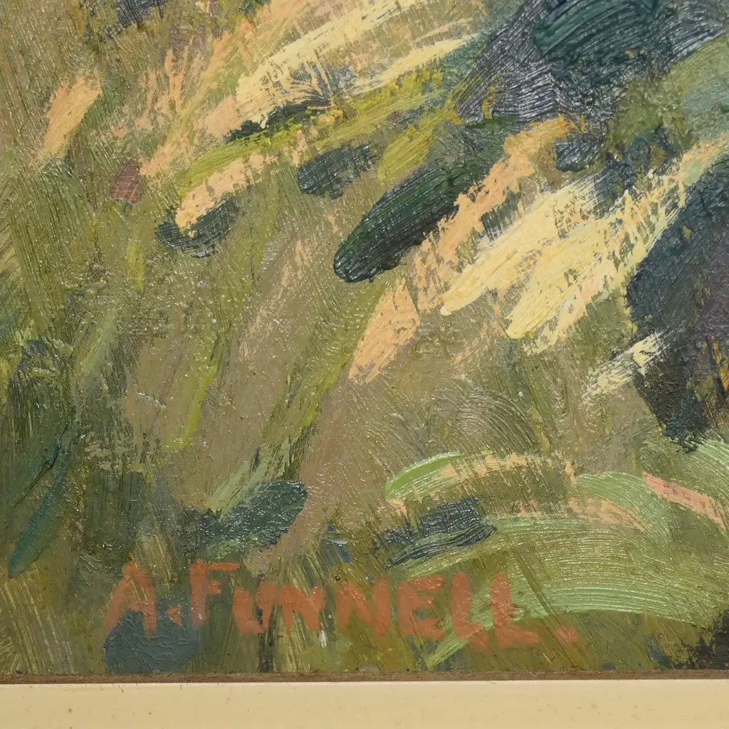 Artwork by Arthur Funnell, Auckland Harbour Bridge from Pt. Erin Park, Made of oil on board