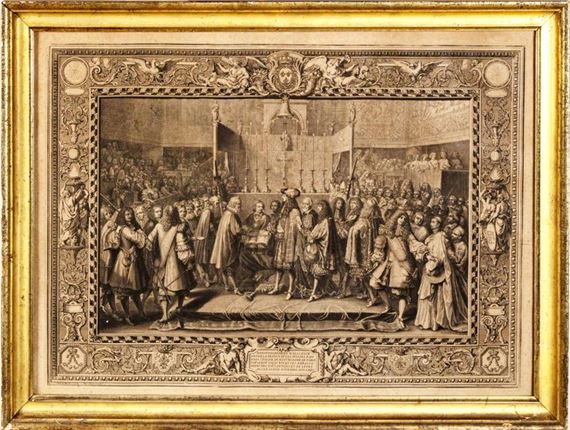 Renouvellement d'alliance entre la France et les Suisses, fait dans l'église de Nostre Dame de Paris par le Roy Louis XIV et les des ambassadeurs des XIII cantons et de leurs alliés le XVIII NOVEMBRE MDCLXIII by Charles Le Brun