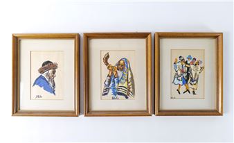 Lot of 3 Mixed Media Judaica Art Paintings - Erwin Stolz