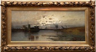 Uferlandschaft mit Windmühle im Abendlicht - Eduard Fischer