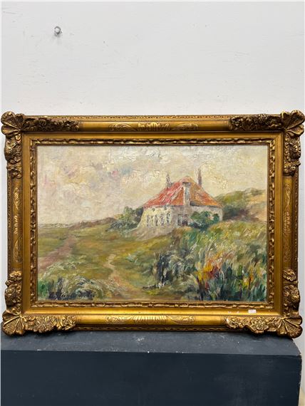 An oil painting of a house on a hill, framed in ornate gold.