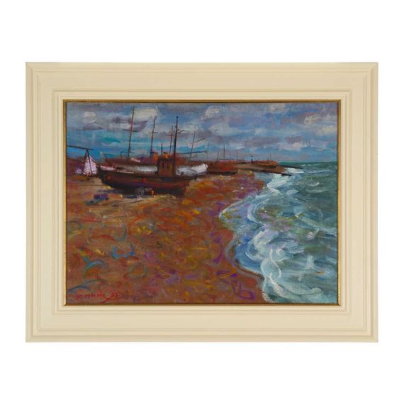 Artwork by John Mackie, BEACHED BOATS, Made of oil on board