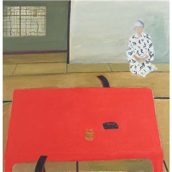 SELF PORTRAIT WITH RED LACQUER TABLE, KYOTO -1988 - Elizabeth Blackadder