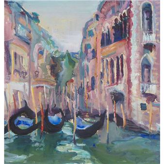 A vibrant watercolor scene of a canal with gondolas and colorful buildings.