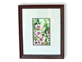 Depicts a bouquet of pink and lavender striped blossoms, likely mallows or similar wildflowers, rising vertically within a field of soft, green foliage - Sandra Greba