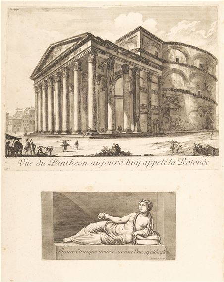 A classical architectural etching featuring a grand temple and a reclining figure.