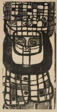 A monochromatic woodcut portrait of a figure with a stylized face and geometric patterned body.