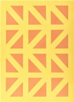 A geometric pattern featuring orange triangles on a yellow background.