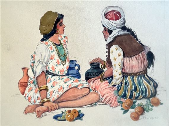 Femmes berbères assises  sur trait de mine de plomb sur... by André Suréda