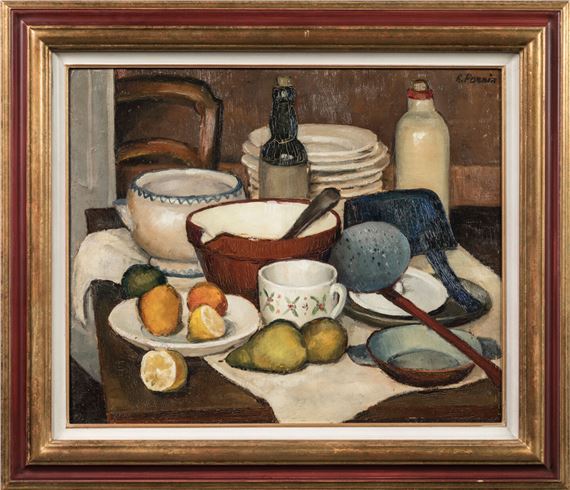 Nature morte aux poires et citrons  Signé en haut à droite  OH