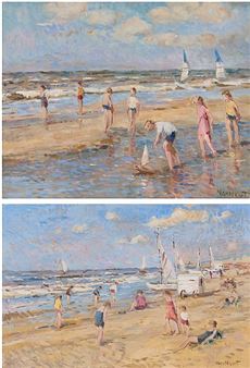 Scènes de plage à la mer du Nord. - Adrianus Cornelis van Noot