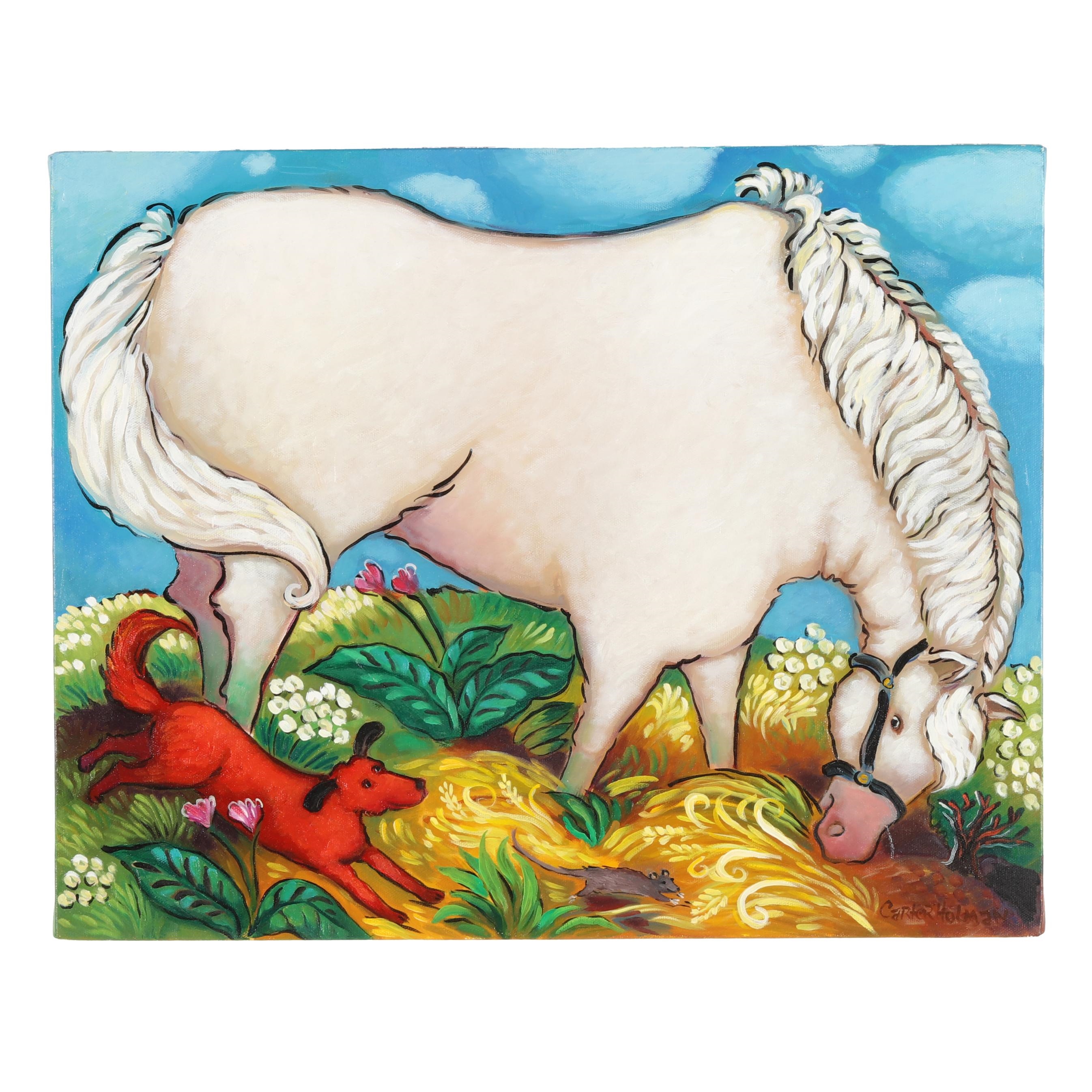 Artwork by Linda Carter Holman, Landscape with Horse, Dog, & Mouse, Made of Oil on canvas