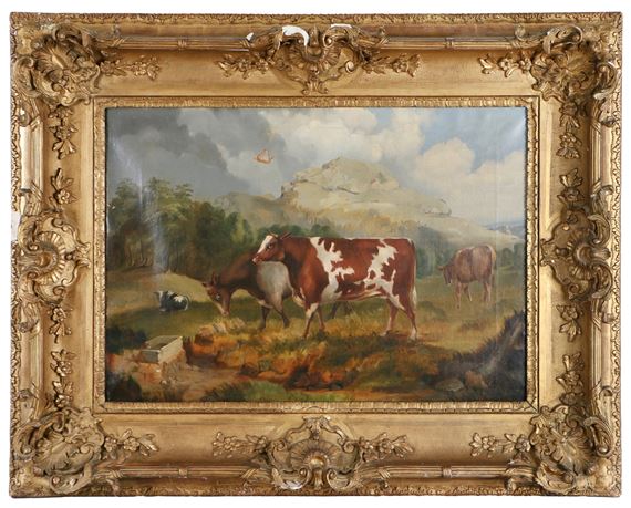 Primitive School, 19th Century | Primitive Bull and other Cows in ...