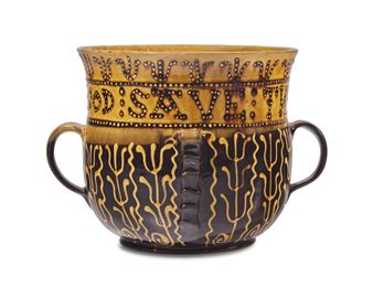 A Lead Glazed Redware &quot;God Save the Queen&quot; Slip-Decorated Posset Pot - Michelle Erickson