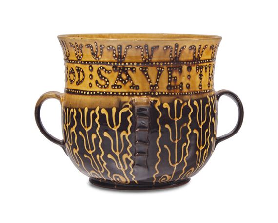 A Lead Glazed Redware "God Save the Queen" Slip-Decorated Posset Pot - Michelle Erickson