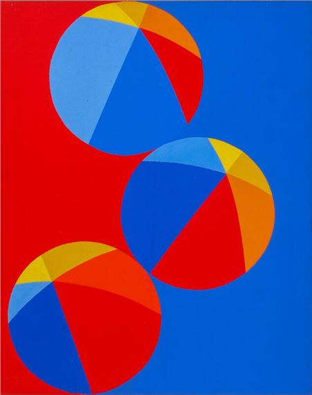A bold geometric composition featuring three overlapping circles in vibrant primary colors against a split red and blue background.