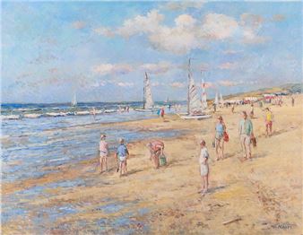 Enfants et voiliers sur la plage. - Adrianus Cornelis van Noot