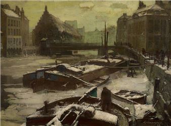 Péniches enneigées sur le Kraanlei à Gand en 1942. - Alfons de Cuyper