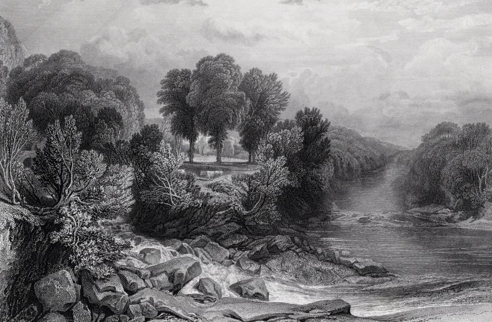 Artwork by Joseph Mallord William Turner, Junction of the Greta and Tees at Rokeby, Made of Antique engraving on wove paper