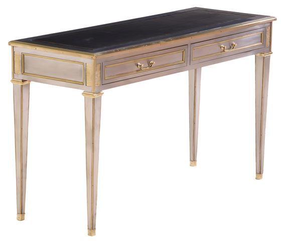 Stainless steel and bronze leather top console table with two drawers in the manner of John Vesey. - John Vesey