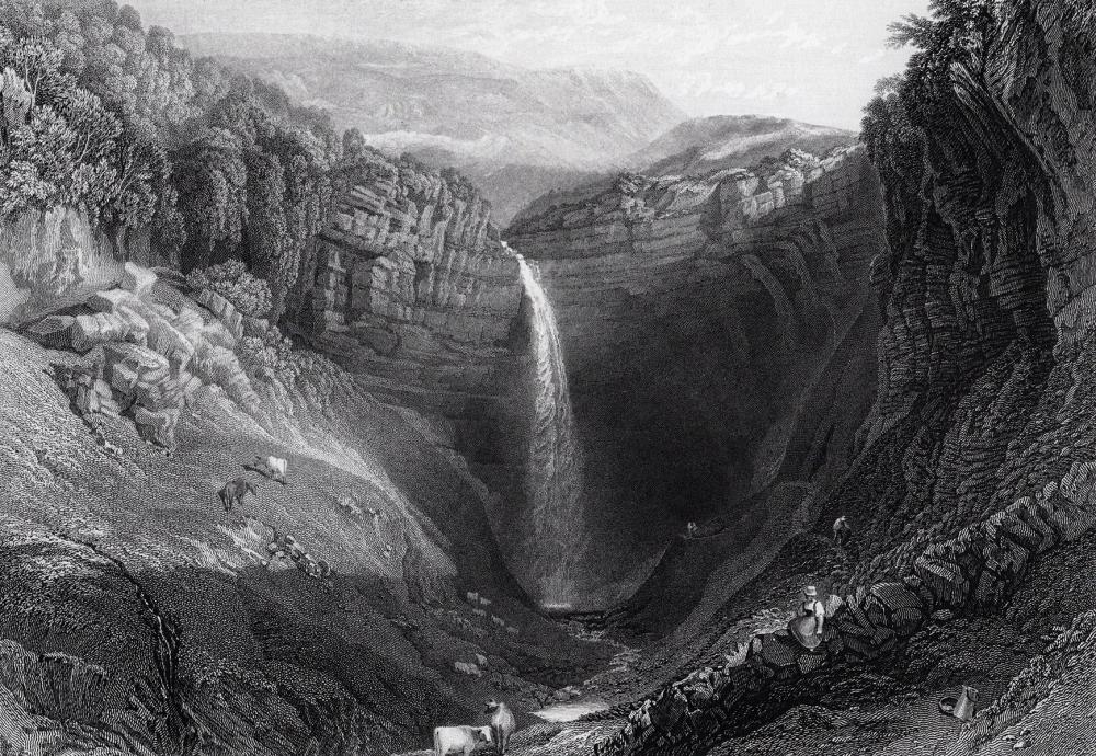 Artwork by Joseph Mallord William Turner, Hardraw Fall, Made of Antique engraving on wove paper