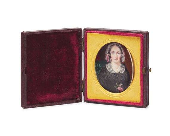 A Portrait Miniature of a Lady in Black Dress, Lace Collar, and Bonnet - Annie Dixon