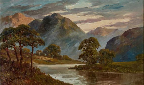 A painting of a landscape with a river and mountains in the background.