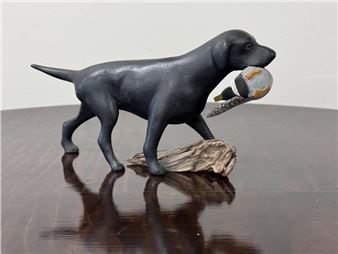 Black Lab with Mallard Wood Carving - Peter Moros