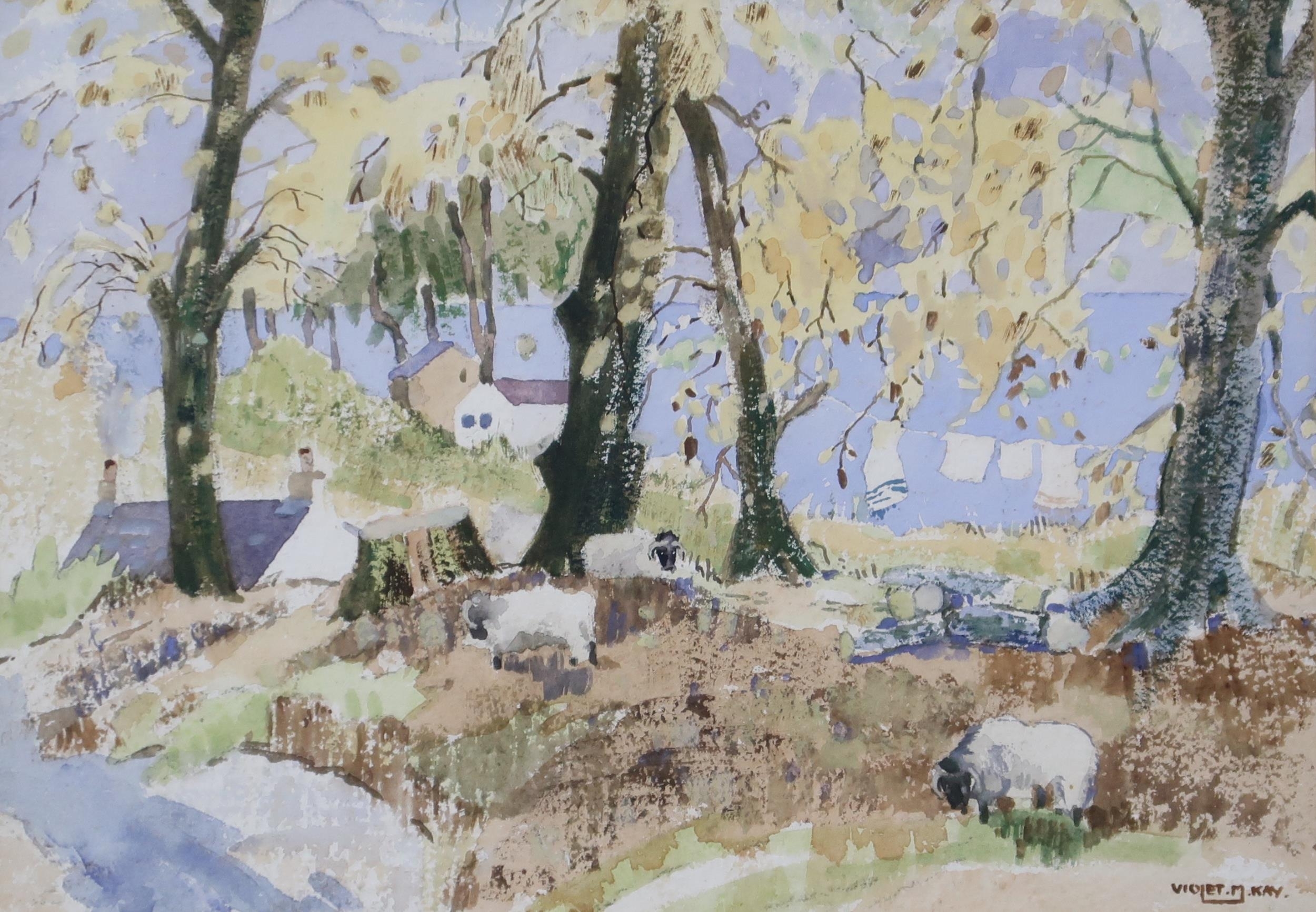 Violet McNeish Kay | SHEEP GRAZING BY A STREAM | MutualArt