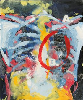 An abstract expressionist painting featuring a central red circle and bold, layered brushstrokes.
