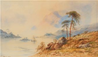 A serene watercolor landscape of a misty lake with distant mountains and a rocky foreground.