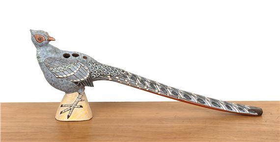 Studio pottery ocarina, earthenware modelled as a pheasant by Neil Ions, 1985