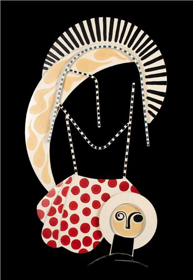 Abstract depiction of Madonna and child, with stripes and polka dots