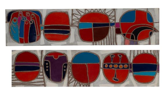 Two (2) canvases composed of four spheres with various designs