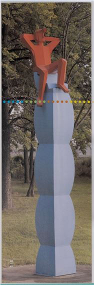 Red figure wearing a ball cap with hands behind his head,