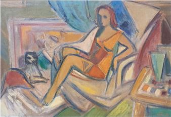 interior with awoman in the armchair and cat - Johann Baptist Hermann Hundt