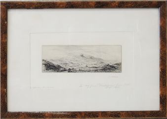 A framed etching of a snowy mountain landscape with visible hand-drawn text below.