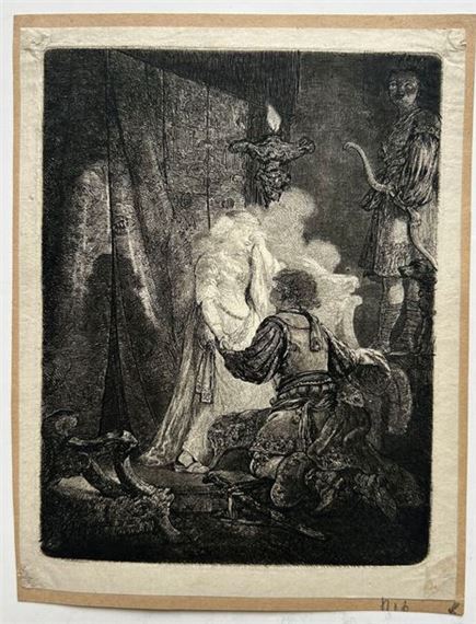 Dark interior with a man kneeling before a woman in mourning; on the right, statue of Diana