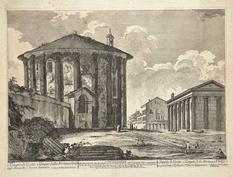 A detailed etching of a classical architectural scene featuring a large circular temple, smaller buildings, and a cloudy sky.