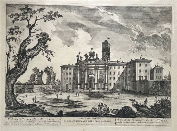 A detailed etching of a grand European courtyard featuring a large church, a prominent tree, and scattered figures.