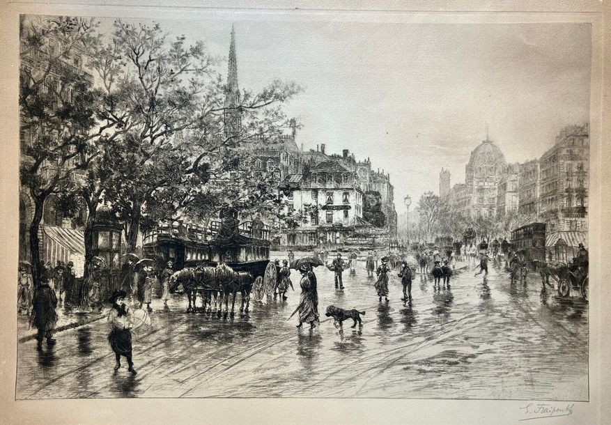Artwork by Gustave Fraipont, Entrée de la Cité, vue du pont Saint-Michel, Made of Etching and drypoint engraving